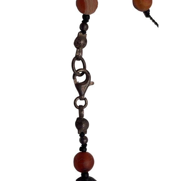 Necklace Women 16" Beaded Black & Red Orange Lava Rock 925 Silver Clasp - Picture 5 of 9